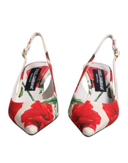 Dolce &amp; Gabbana White Floral Heels Slingback Sandals Shoes