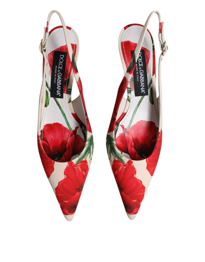 Dolce &amp; Gabbana White Floral Heels Slingback Sandals Shoes