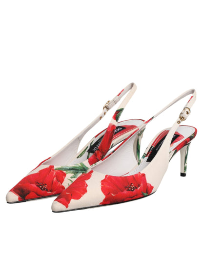 Dolce &amp; Gabbana White Floral Heels Slingback Sandals Shoes