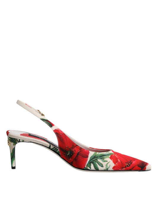 Dolce &amp; Gabbana White Floral Heels Slingback Sandals Shoes
