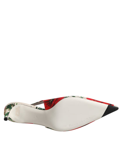 Dolce &amp; Gabbana White Floral Heels Slingback Sandals Shoes