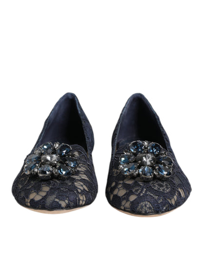 Dolce &amp; Gabbana Blue Taormina Lace Crystals Flats Shoes