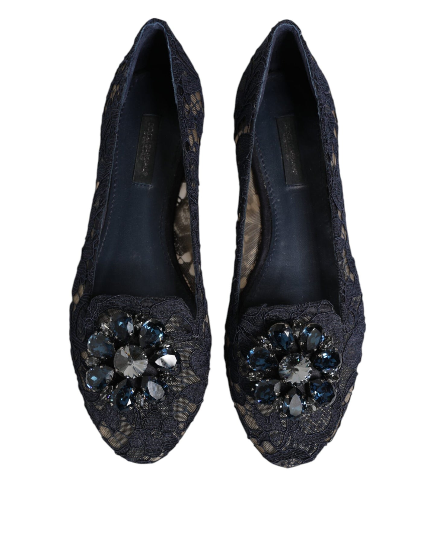 Dolce &amp; Gabbana Blue Taormina Lace Crystals Flats Shoes