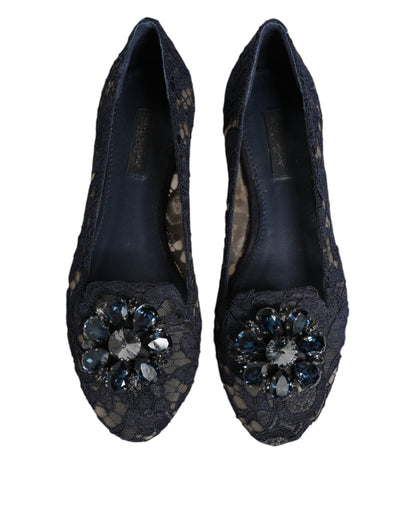 Dolce &amp; Gabbana Blue Taormina Lace Crystals Flats Shoes
