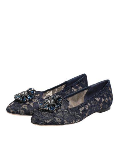 Dolce &amp; Gabbana Blue Taormina Lace Crystals Flats Shoes