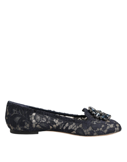 Dolce &amp; Gabbana Blue Taormina Lace Crystals Flats Shoes