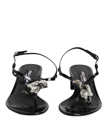 Dolce &amp; Gabbana Black Leather Crystal Ankle Strap Sandals Shoes