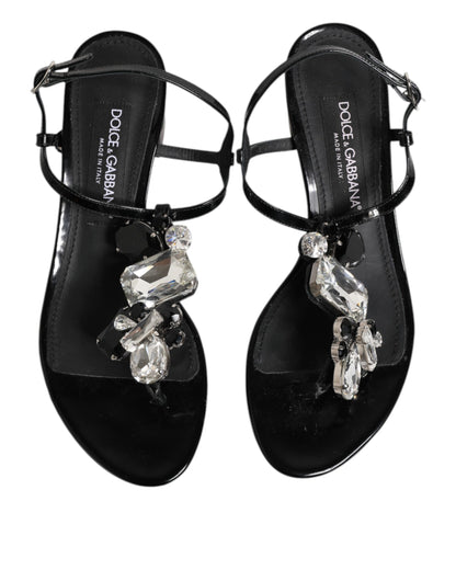 Dolce &amp; Gabbana Black Leather Crystal Ankle Strap Sandals Shoes