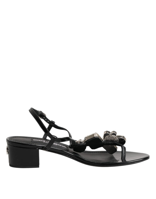 Dolce &amp; Gabbana Black Leather Crystal Ankle Strap Sandals Shoes