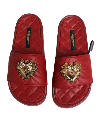 Dolce &amp; Gabbana Red Devotion Matelassé Leather Slides Shoes