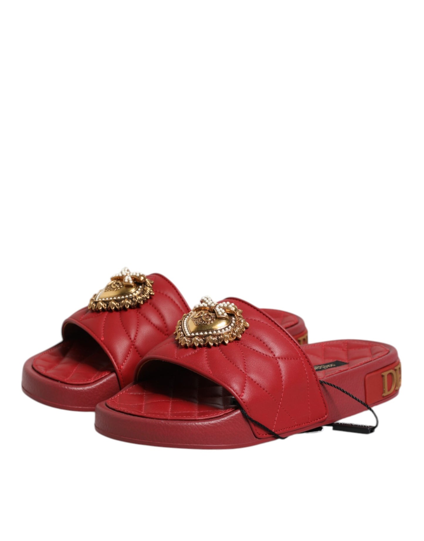 Dolce &amp; Gabbana Red Devotion Matelassé Leather Slides Shoes