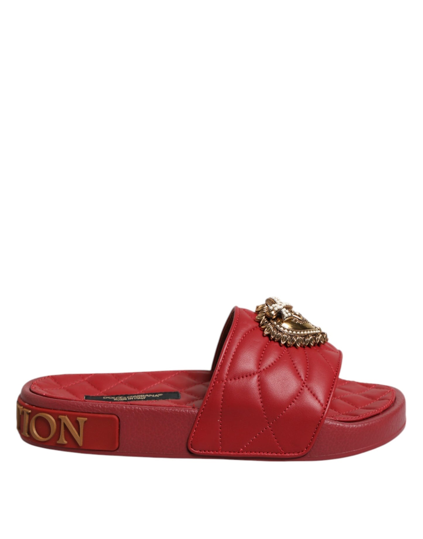 Dolce &amp; Gabbana Red Devotion Matelassé Leather Slides Shoes