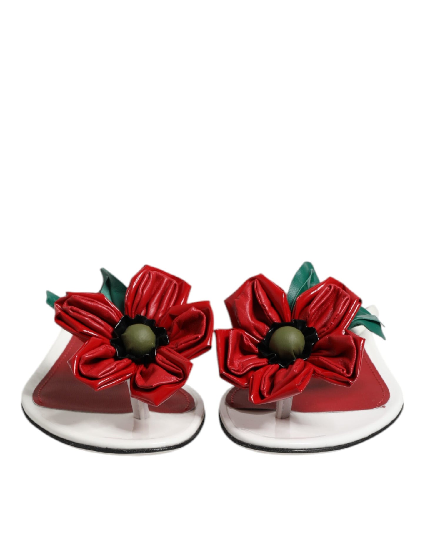 Dolce &amp; Gabbana Red White KEIRA Flower Leather Sandals Shoes