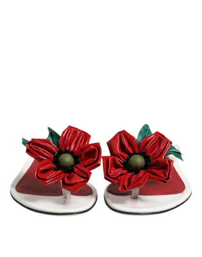Dolce &amp; Gabbana Red White KEIRA Flower Leather Sandals Shoes