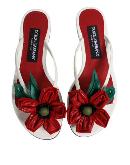 Dolce &amp; Gabbana Red White KEIRA Flower Leather Sandals Shoes