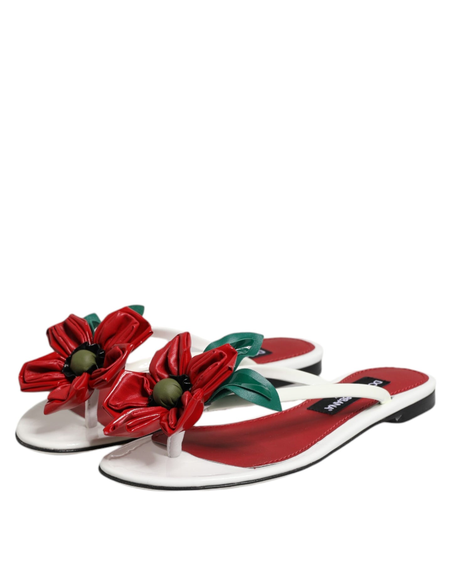 Dolce &amp; Gabbana Red White KEIRA Flower Leather Sandals Shoes