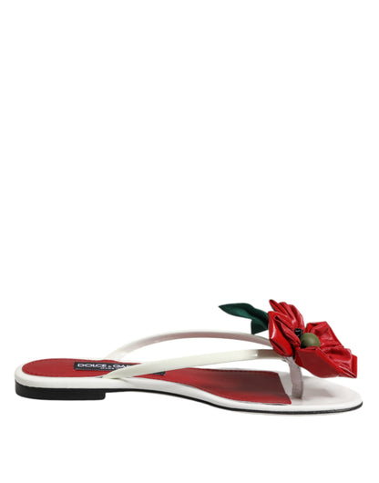 Dolce &amp; Gabbana Red White KEIRA Flower Leather Sandals Shoes