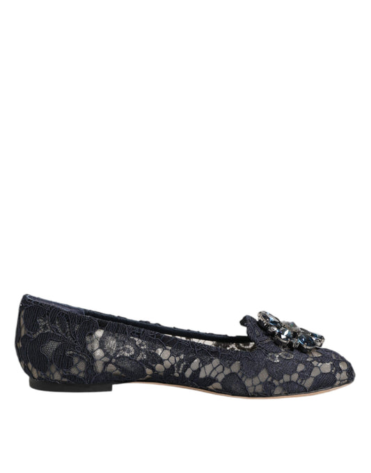 Dolce &amp; Gabbana Blue Taormina Lace Crystals Flats Shoes