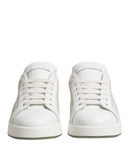 Dolce &amp; Gabbana White Lace Leather Low Top Sneaker Shoes