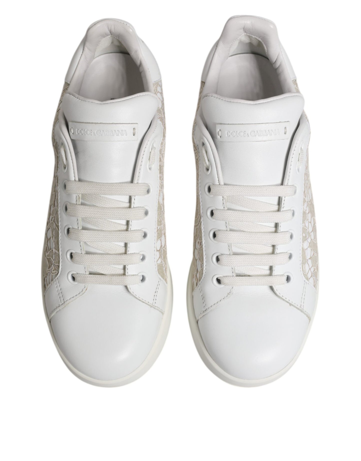 Dolce &amp; Gabbana White Lace Leather Low Top Sneaker Shoes