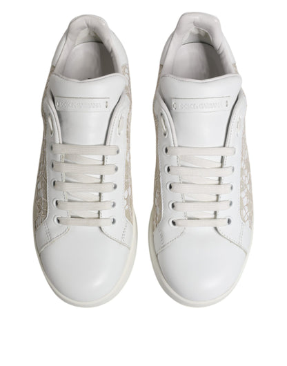 Dolce &amp; Gabbana White Lace Leather Low Top Sneaker Shoes