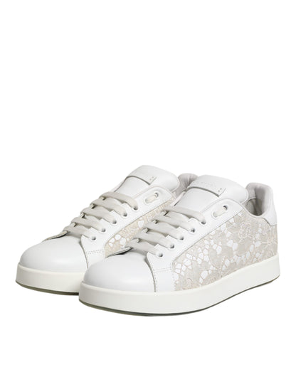 Dolce &amp; Gabbana White Lace Leather Low Top Sneaker Shoes