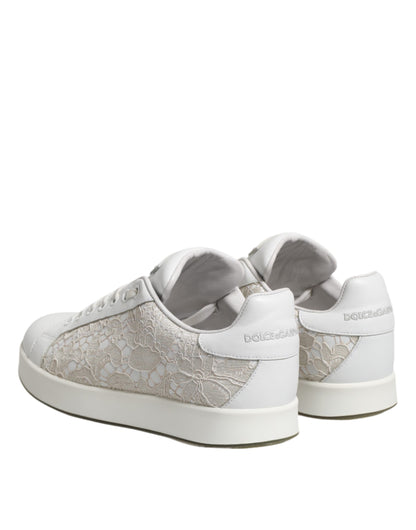 Dolce &amp; Gabbana White Lace Leather Low Top Sneaker Shoes