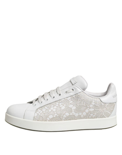 Dolce &amp; Gabbana White Lace Leather Low Top Sneaker Shoes
