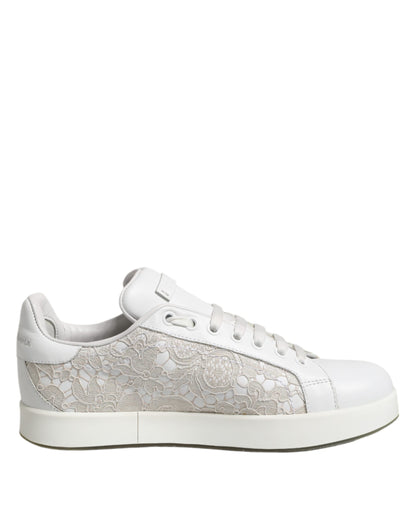 Dolce &amp; Gabbana White Lace Leather Low Top Sneaker Shoes