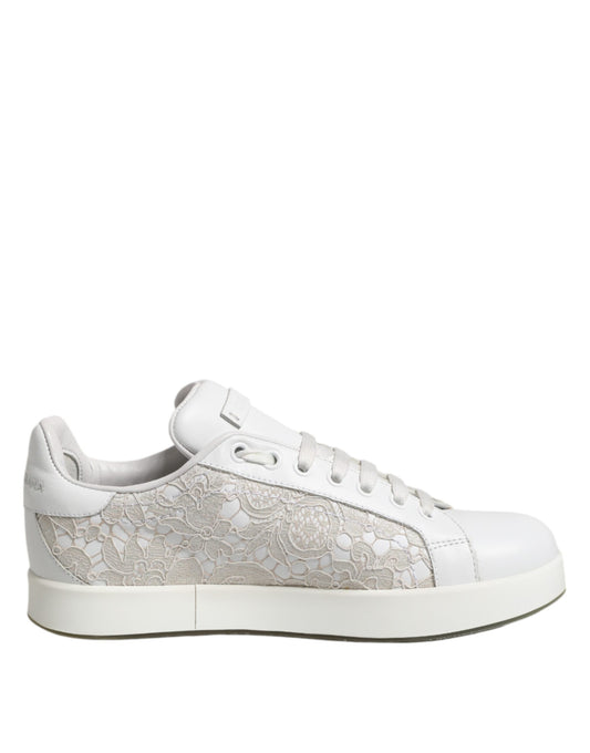Dolce &amp; Gabbana White Lace Leather Low Top Sneaker Shoes