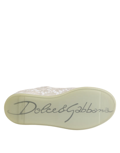 Dolce &amp; Gabbana White Lace Leather Low Top Sneaker Shoes