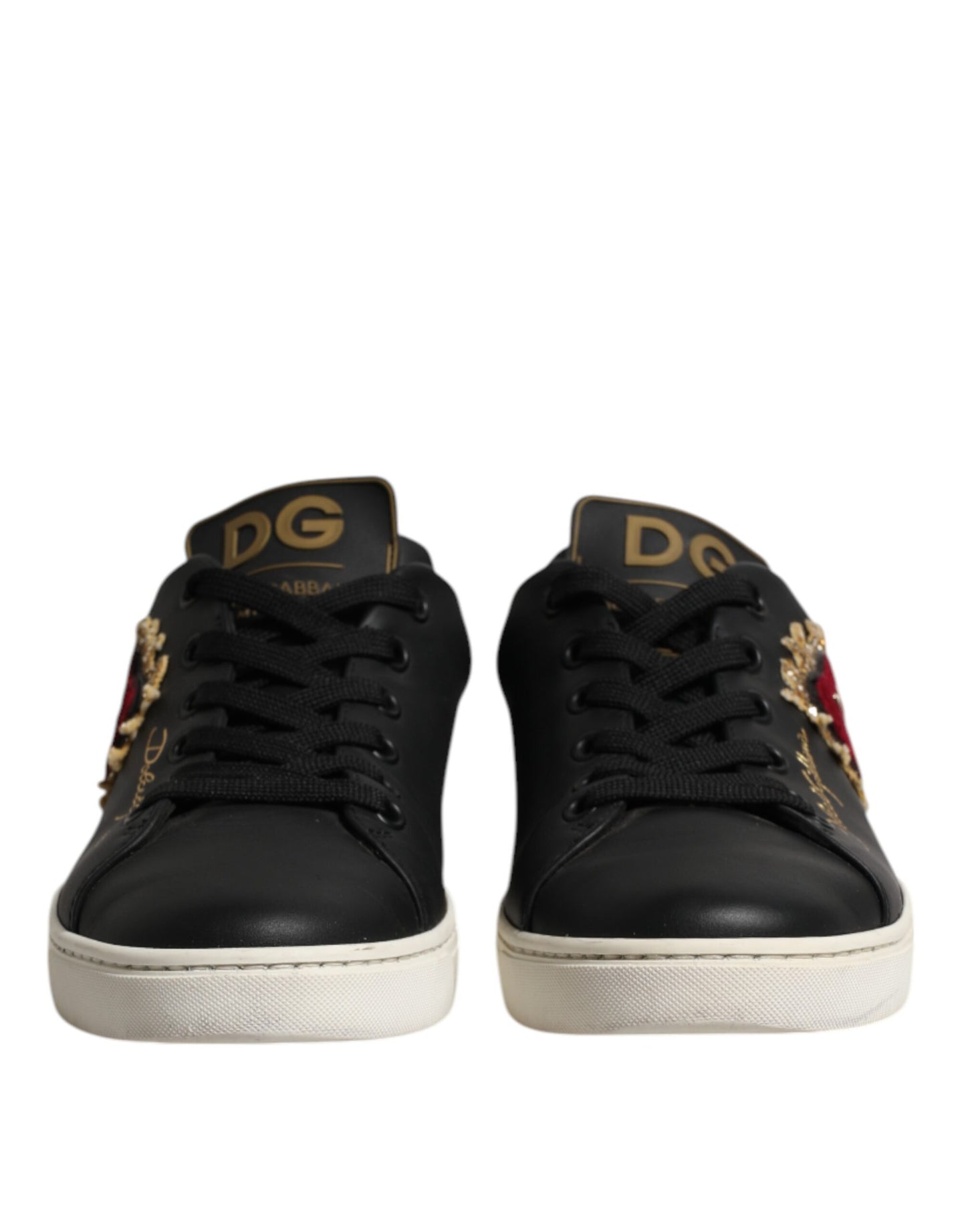 Dolce &amp; Gabbana Black Leather Sacred Heart Sneakers Shoes
