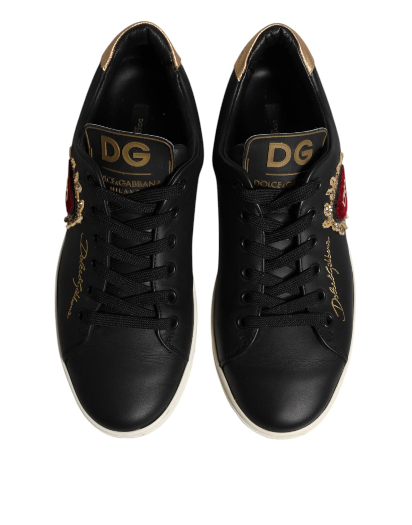 Dolce &amp; Gabbana Black Leather Sacred Heart Sneakers Shoes
