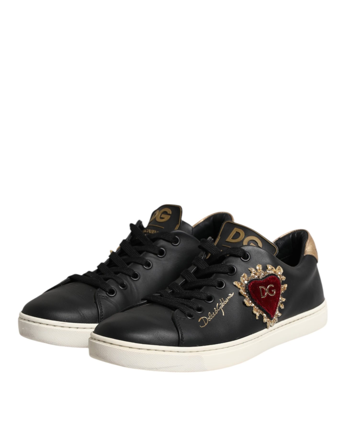 Dolce &amp; Gabbana Black Leather Sacred Heart Sneakers Shoes