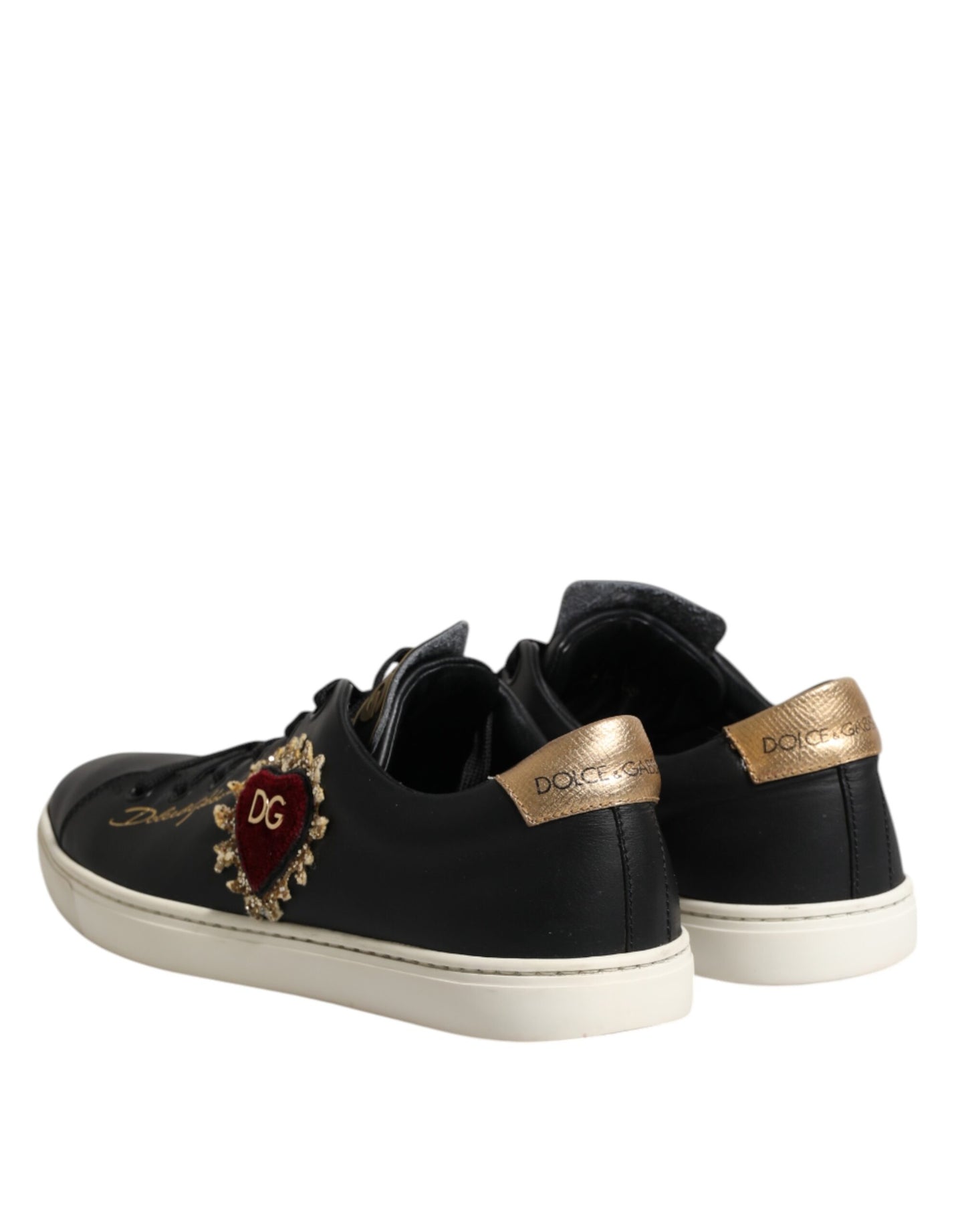 Dolce &amp; Gabbana Black Leather Sacred Heart Sneakers Shoes