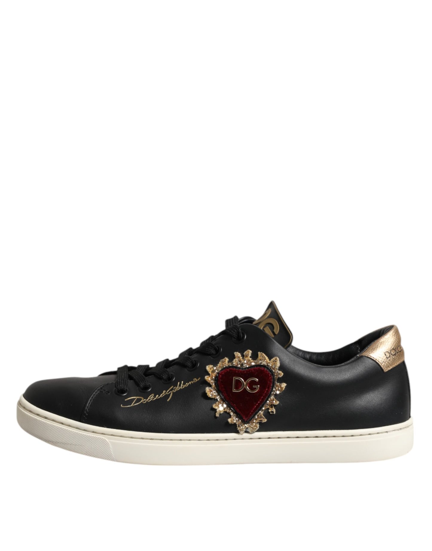 Dolce &amp; Gabbana Black Leather Sacred Heart Sneakers Shoes