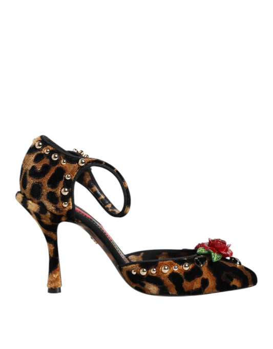 Dolce &amp; Gabbana Brown Leopard Crystal Roses Pumps Shoes