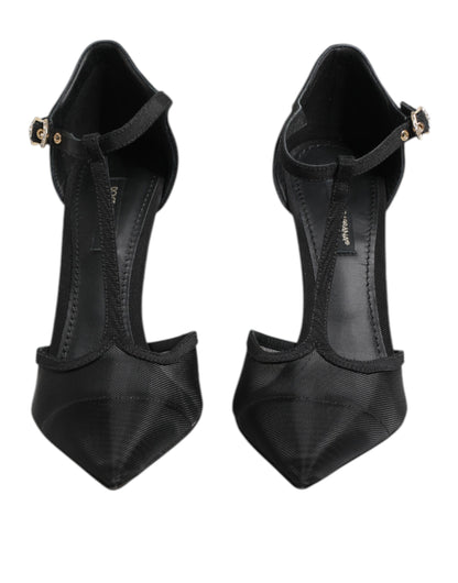 Dolce &amp; Gabbana Black Mesh T-strap Stiletto High Heels Shoes