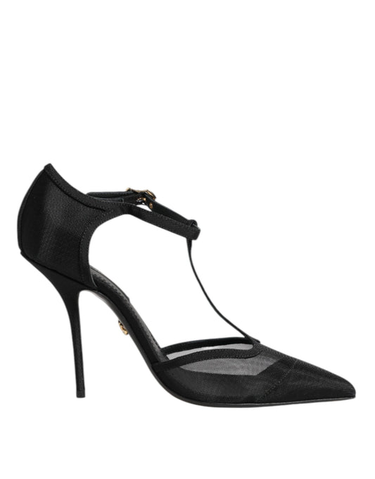 Dolce &amp; Gabbana Black Mesh T-strap Stiletto High Heels Shoes