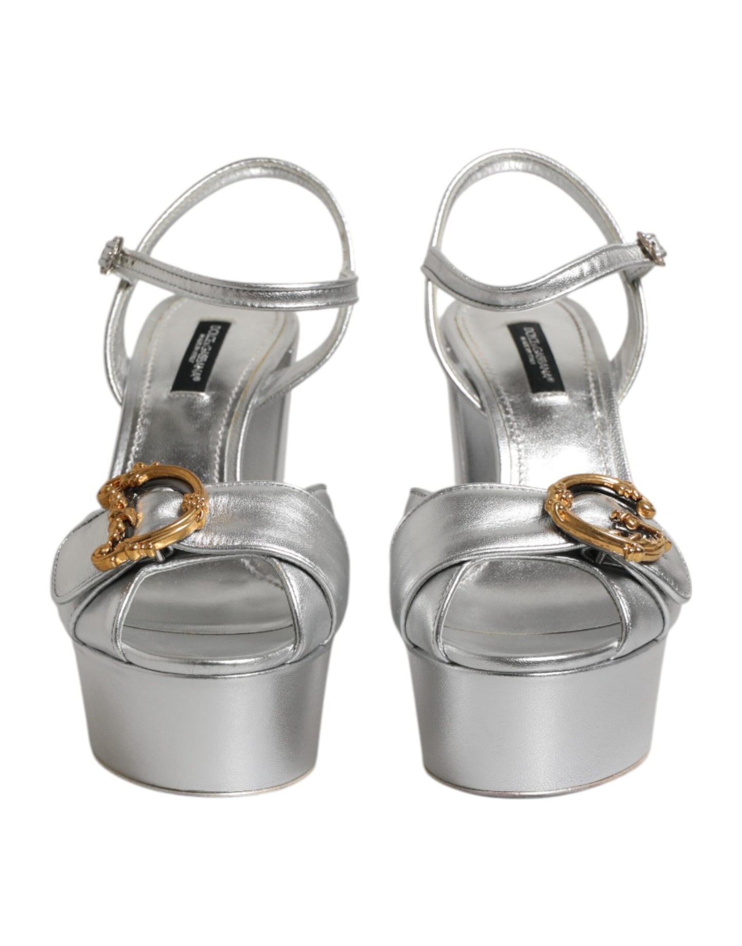 Dolce &amp; Gabbana Silver Logo Ankle Strap Heels Sandals Shoes