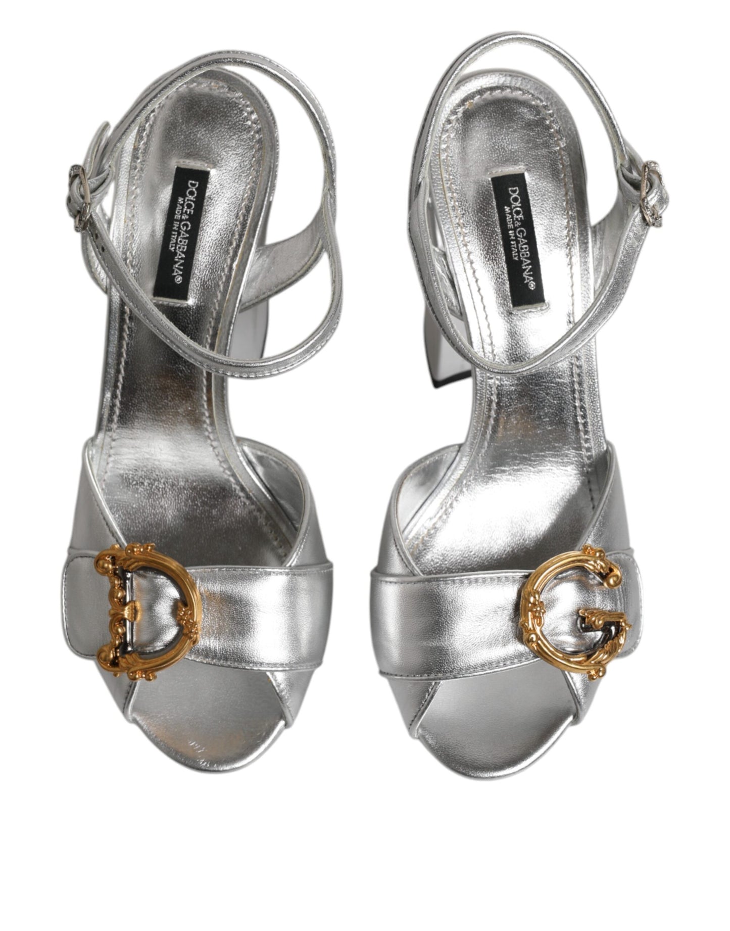 Dolce &amp; Gabbana Silver Logo Ankle Strap Heels Sandals Shoes