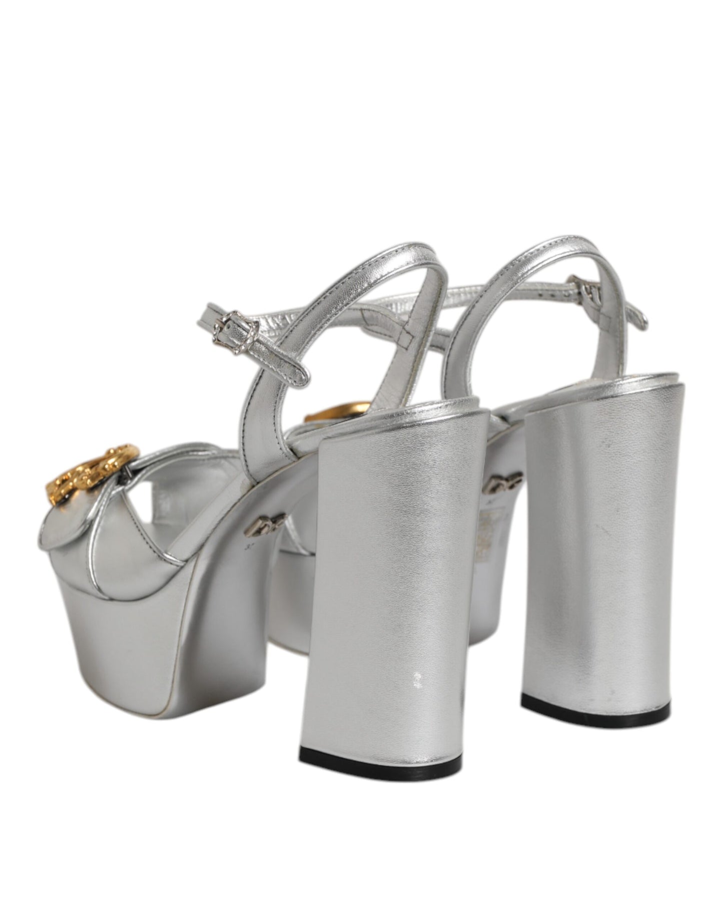 Dolce &amp; Gabbana Silver Logo Ankle Strap Heels Sandals Shoes