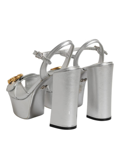 Dolce &amp; Gabbana Silver Logo Ankle Strap Heels Sandals Shoes