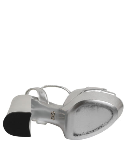 Dolce &amp; Gabbana Silver Logo Ankle Strap Heels Sandals Shoes