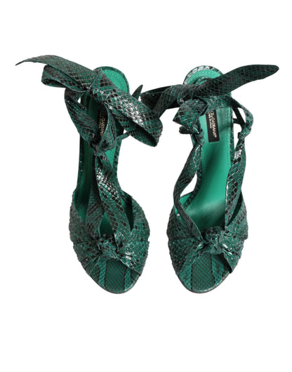Dolce &amp; Gabbana Green Python Leather Heels Sandals Shoes
