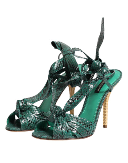 Dolce &amp; Gabbana Green Python Leather Heels Sandals Shoes