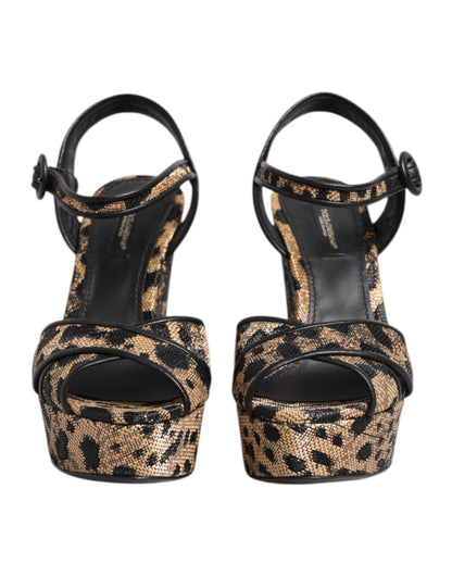 Dolce &amp; Gabbana Brown Leopard Wedges Ankle Strap Sandals Shoes