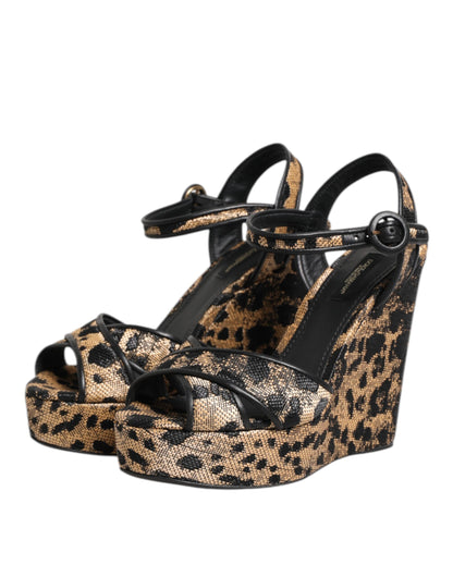 Dolce &amp; Gabbana Brown Leopard Wedges Ankle Strap Sandals Shoes