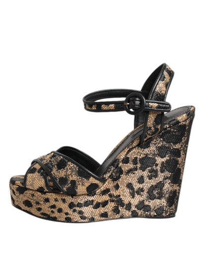Dolce &amp; Gabbana Brown Leopard Wedges Ankle Strap Sandals Shoes