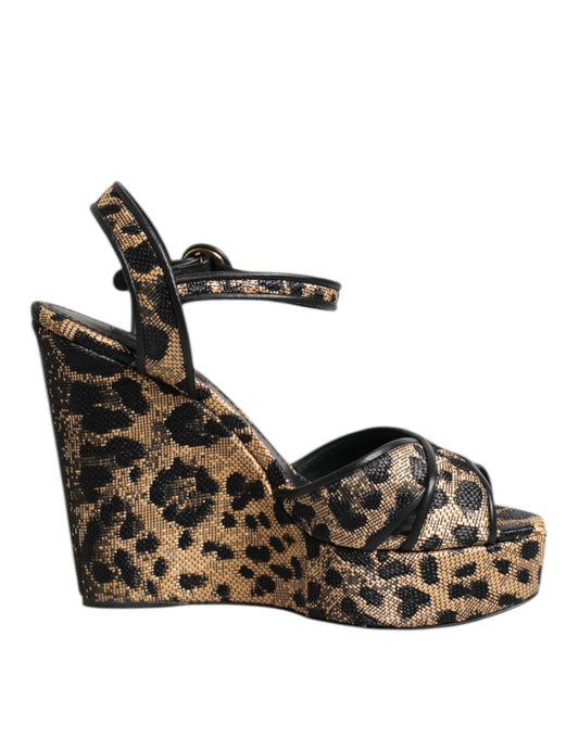 Dolce &amp; Gabbana Brown Leopard Wedges Ankle Strap Sandals Shoes